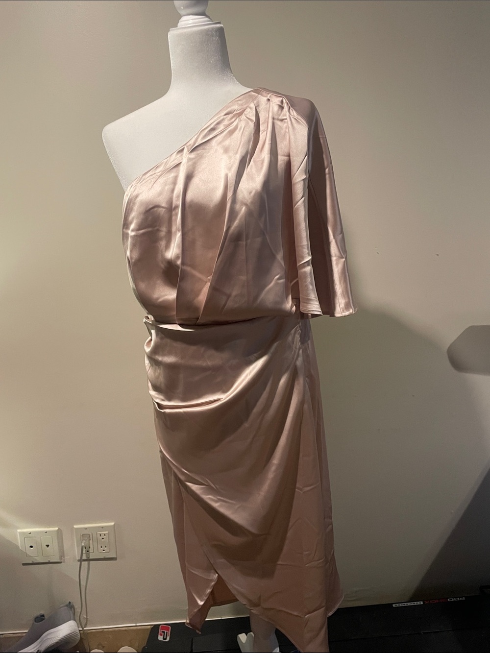 Asymmetrical One-Shoulder Satin Dress in Blush Pink